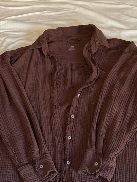aerie Tops - aerie Button-Down Gauze Shirt in Deep Brown